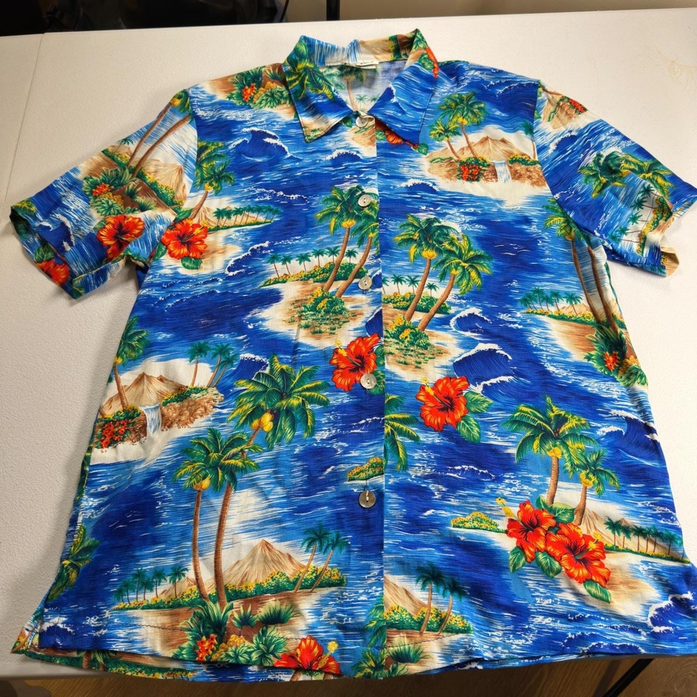 Clio Hawaiian Shirt Vintage 90s Blue Rayon Tropical Island Print Size Medium